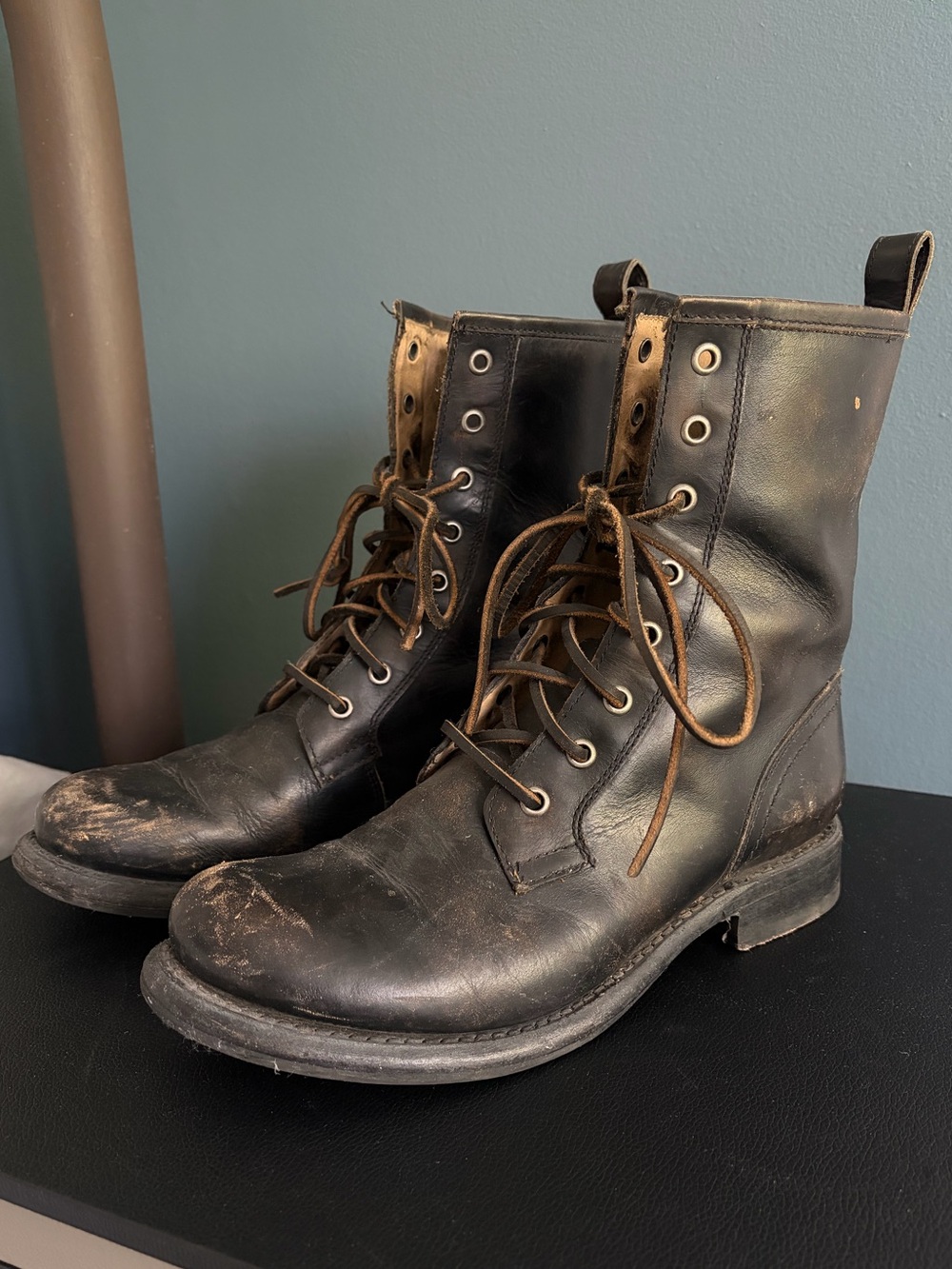 Frye Black Leather Combat Boots with Brown Laces